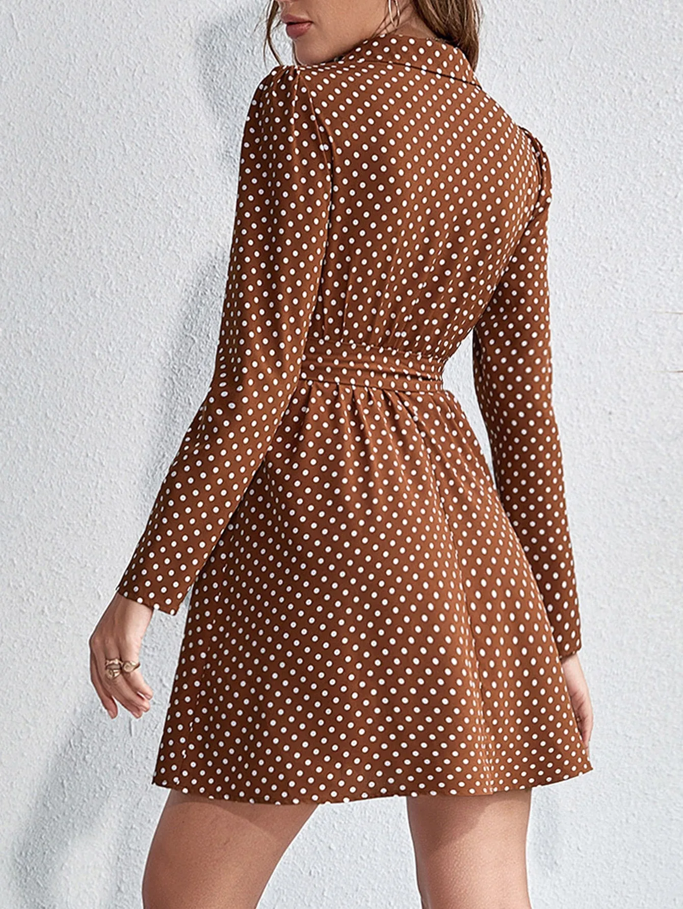 VCAY Polka Dot Print Button Front Belted Shirt Dress