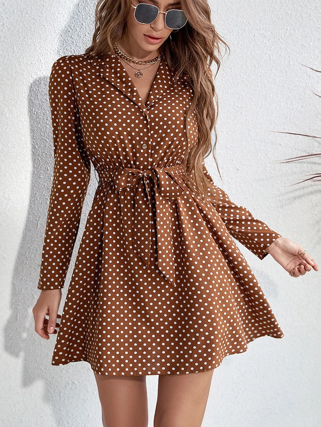 VCAY Polka Dot Print Button Front Belted Shirt Dress