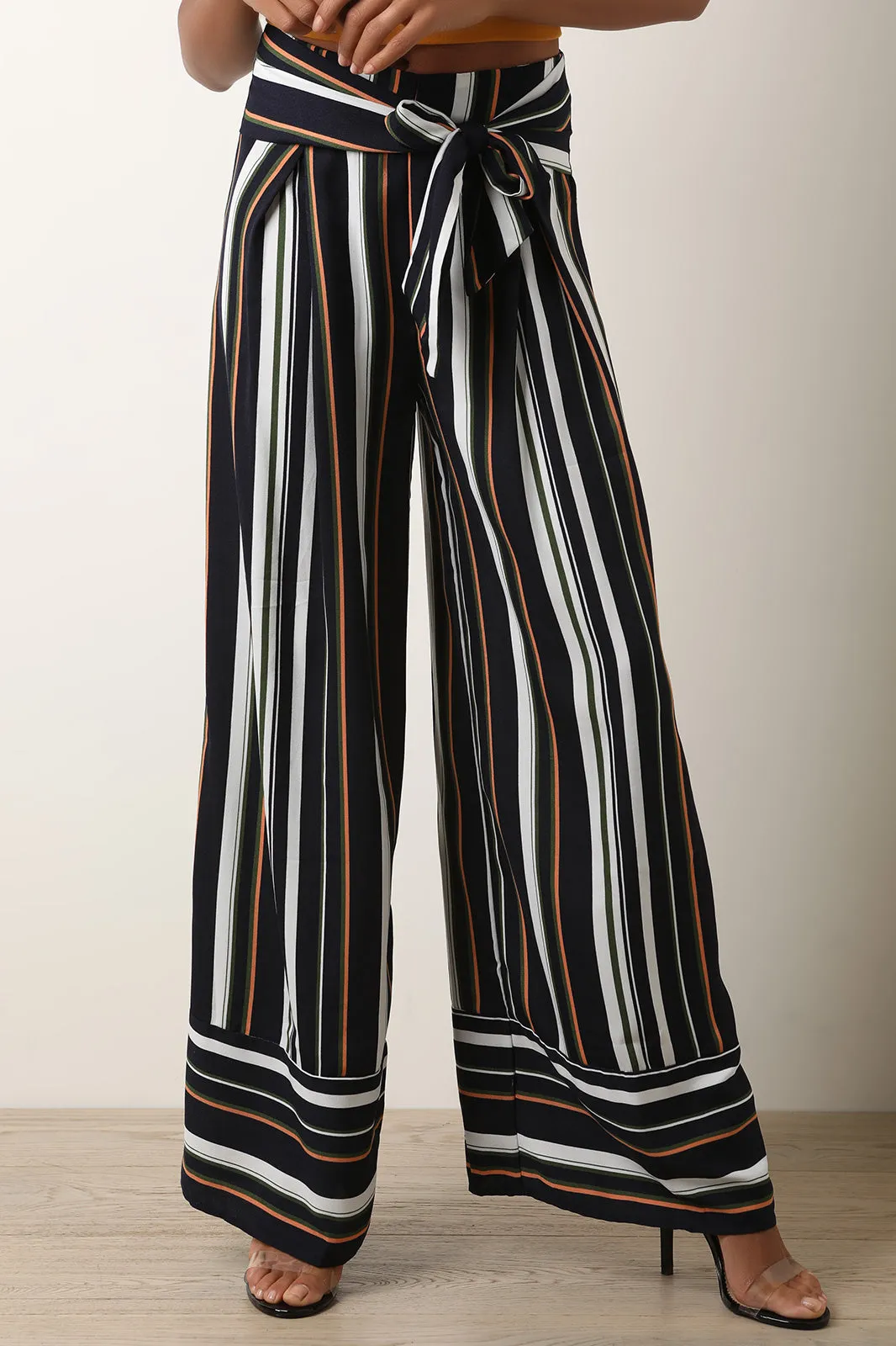 Vertical Striped Waist Sash Palazzo Pants