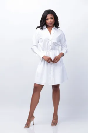 Vince Cotton Drawcord Ruched Shirt Dress in Optic White