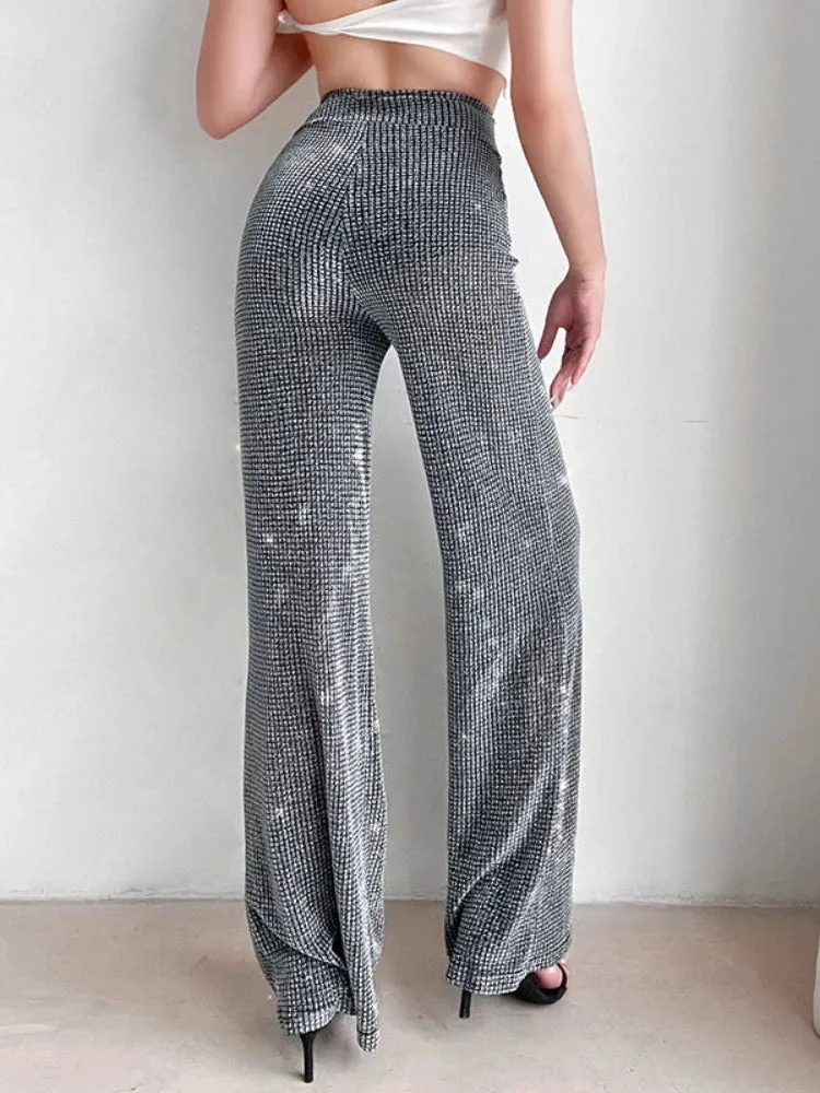 Vintage High Waist Stretch Wide Leg Glitter Rhinestone Bling Diamond Pants