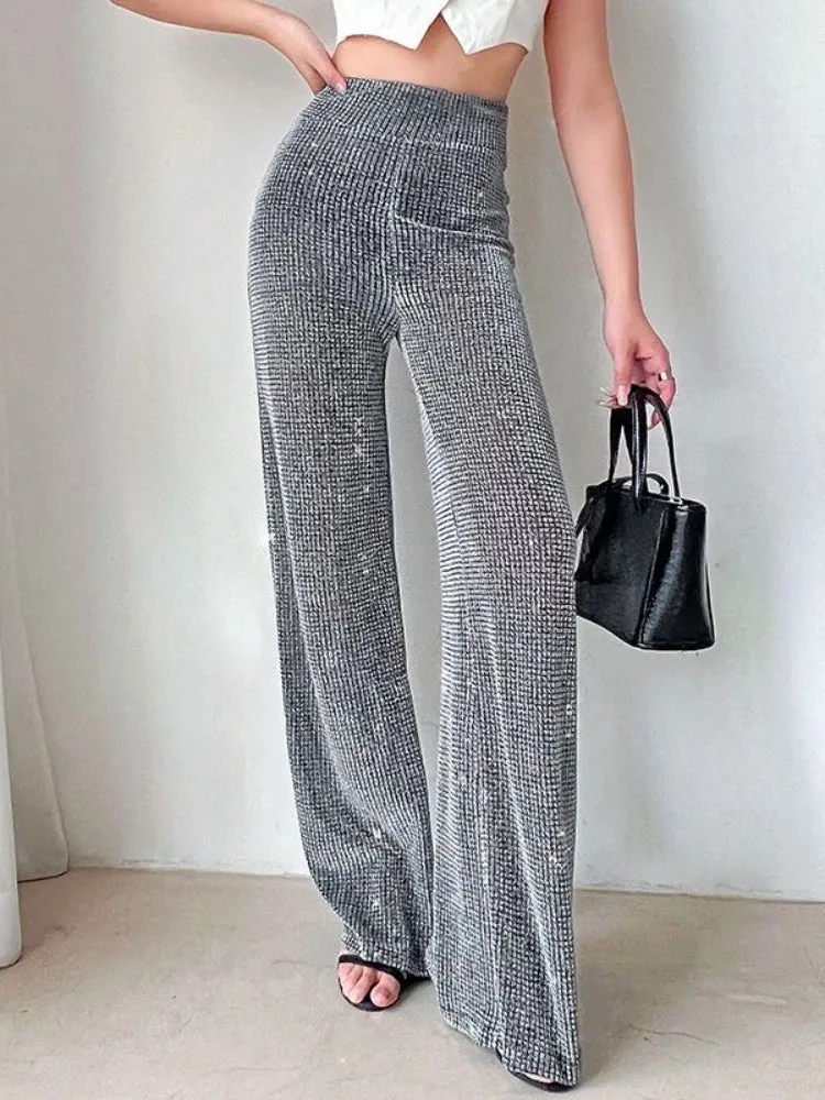 Vintage High Waist Stretch Wide Leg Glitter Rhinestone Bling Diamond Pants