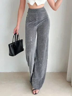 Vintage High Waist Stretch Wide Leg Glitter Rhinestone Bling Diamond Pants