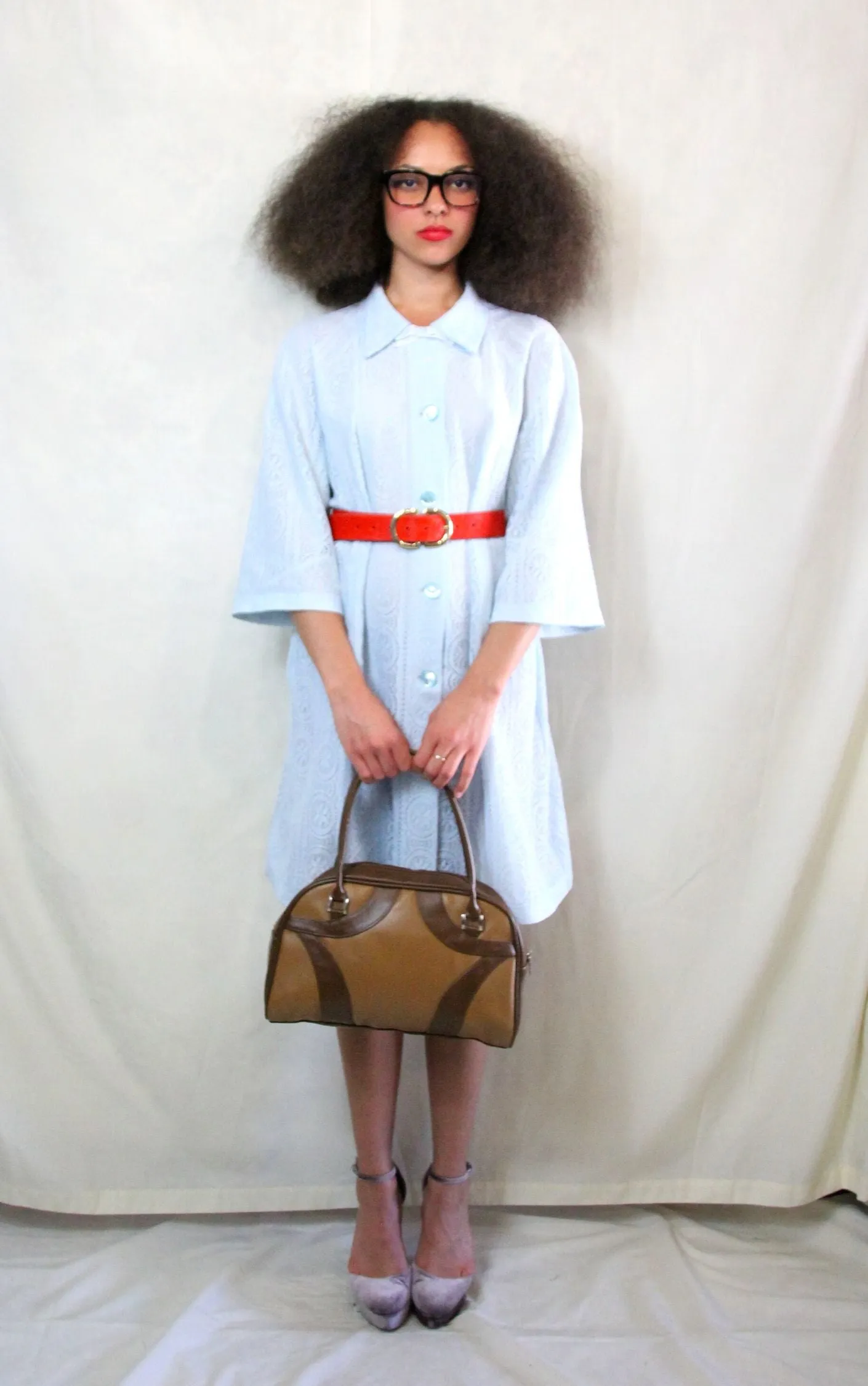 Vintage Pastel Blue Lace Shirt Dress