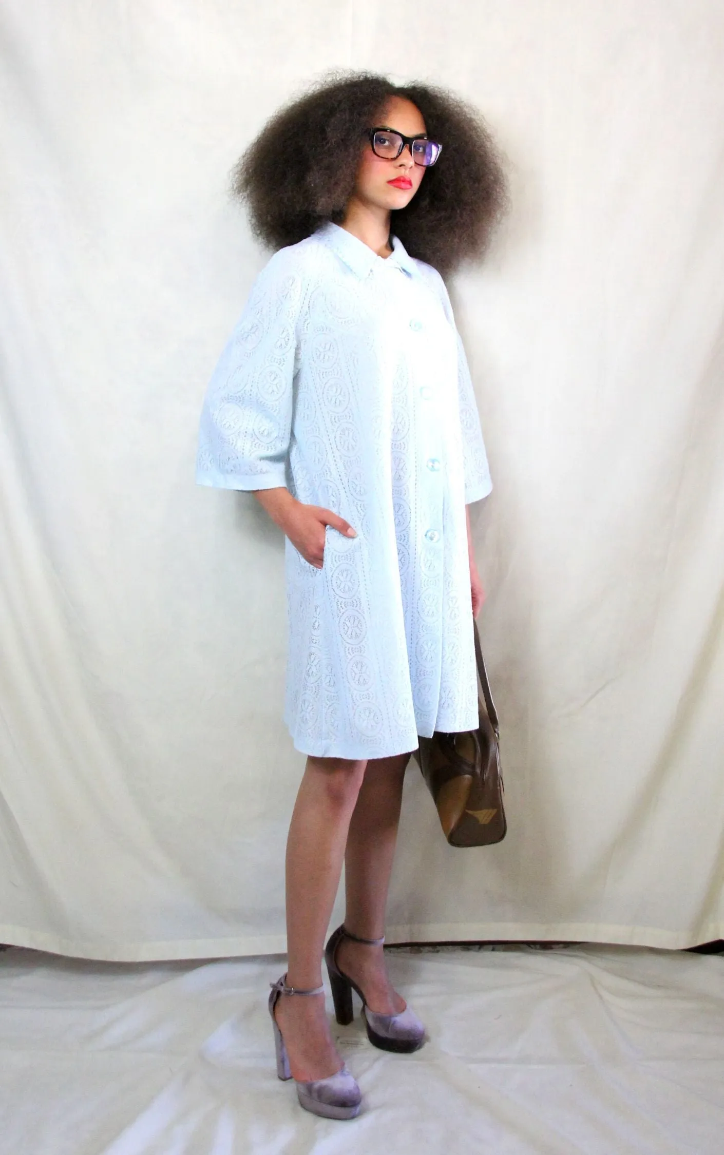 Vintage Pastel Blue Lace Shirt Dress