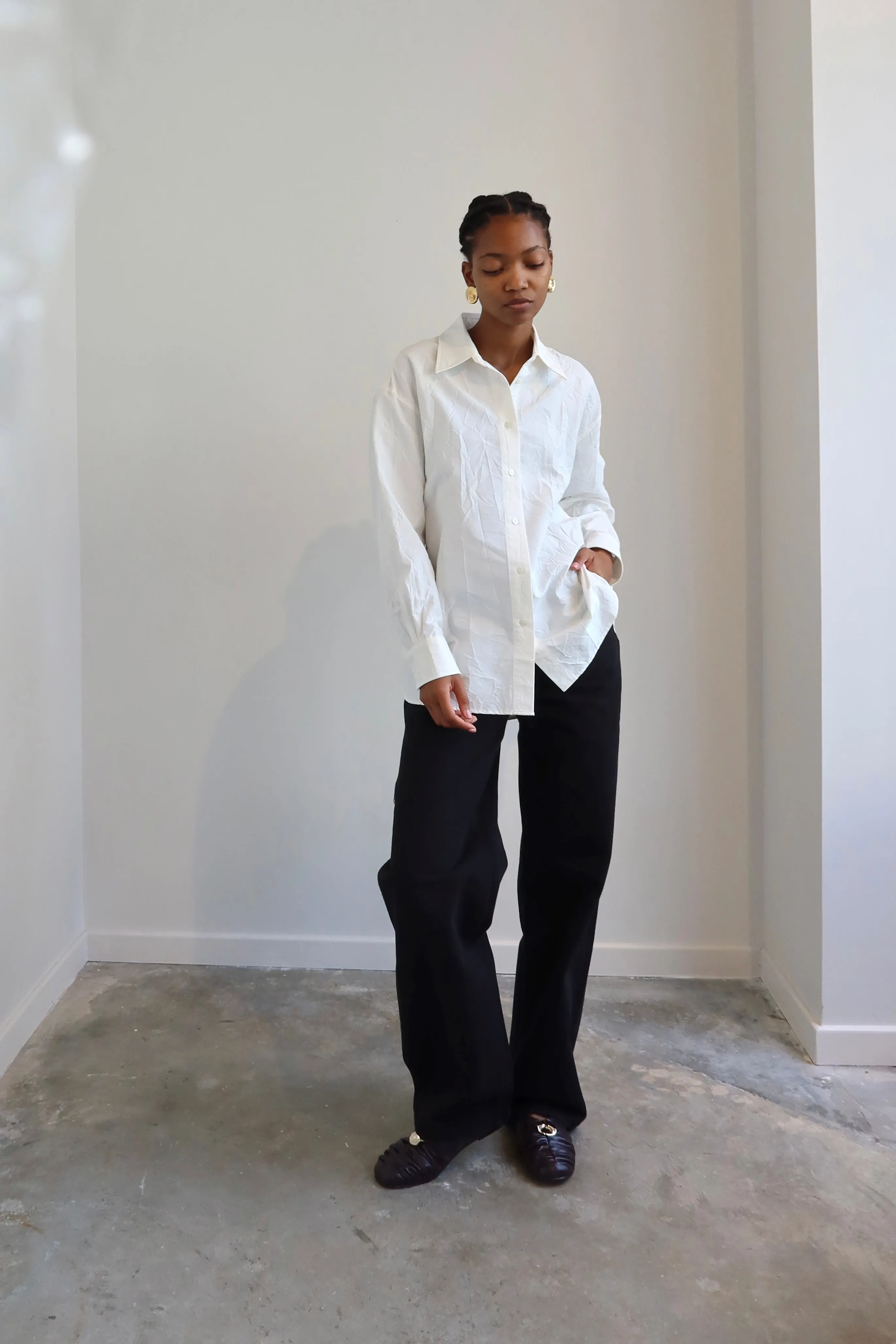 White Crinkle Oversized Button Down Shirt