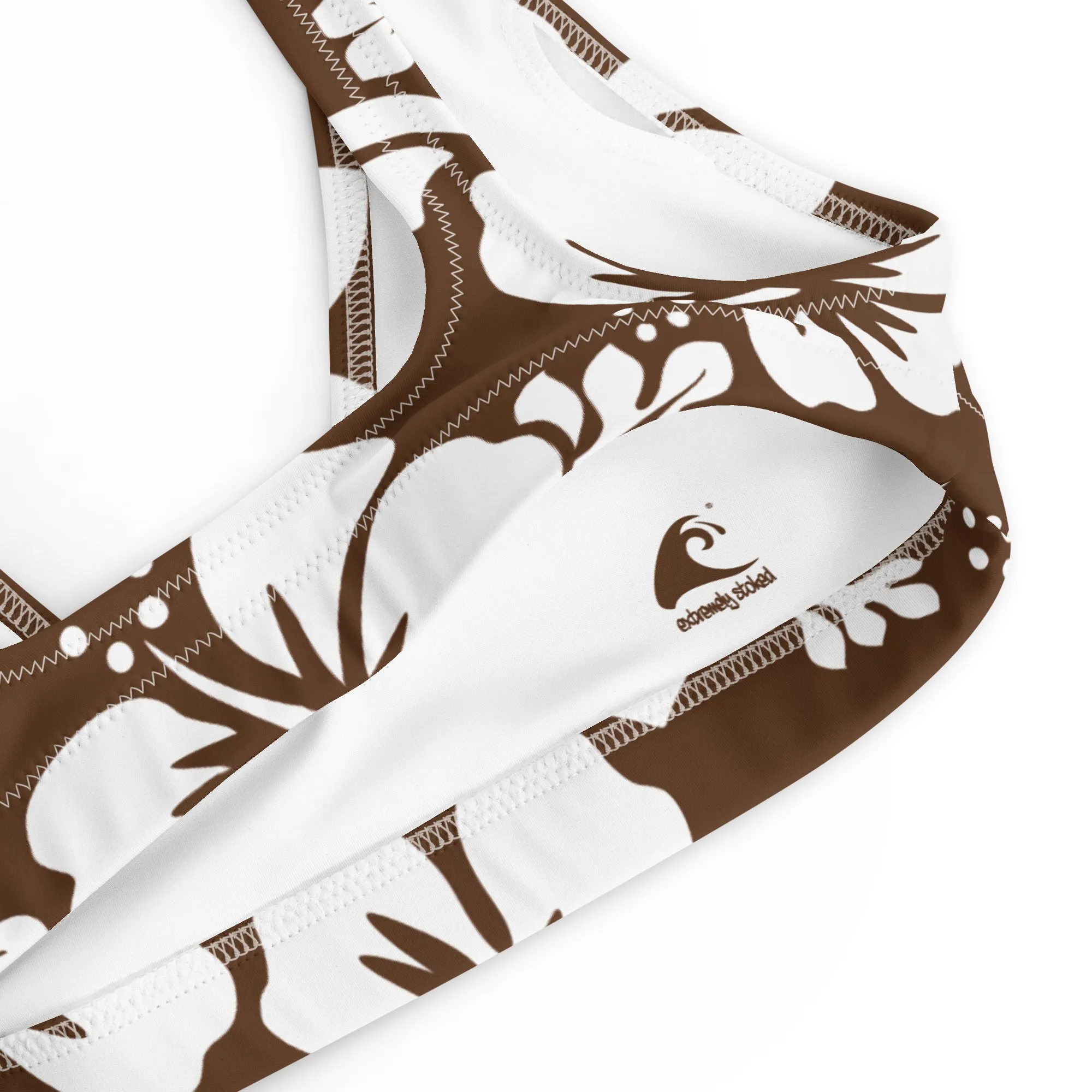 White Hawaiian Hibiscus Flowers on Brown Halter Bikini Top