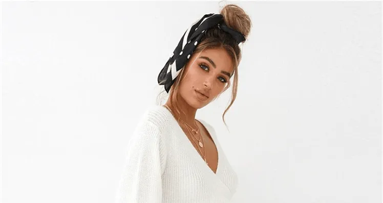 White Knitted Long Sleeve V-neck Wrap Top