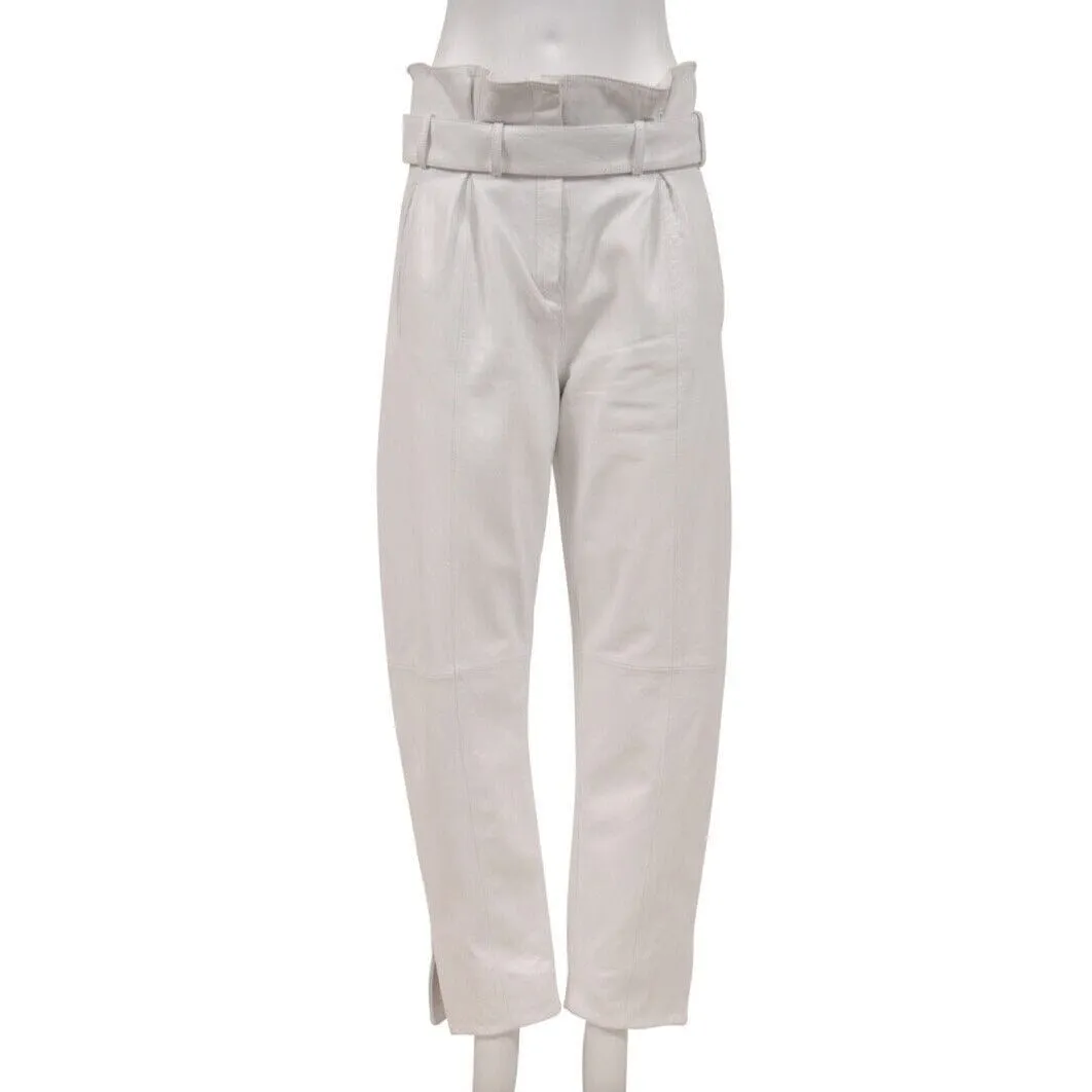 White Slit Leather Belted Trousers High Waist Pants