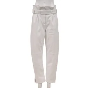 White Slit Leather Belted Trousers High Waist Pants