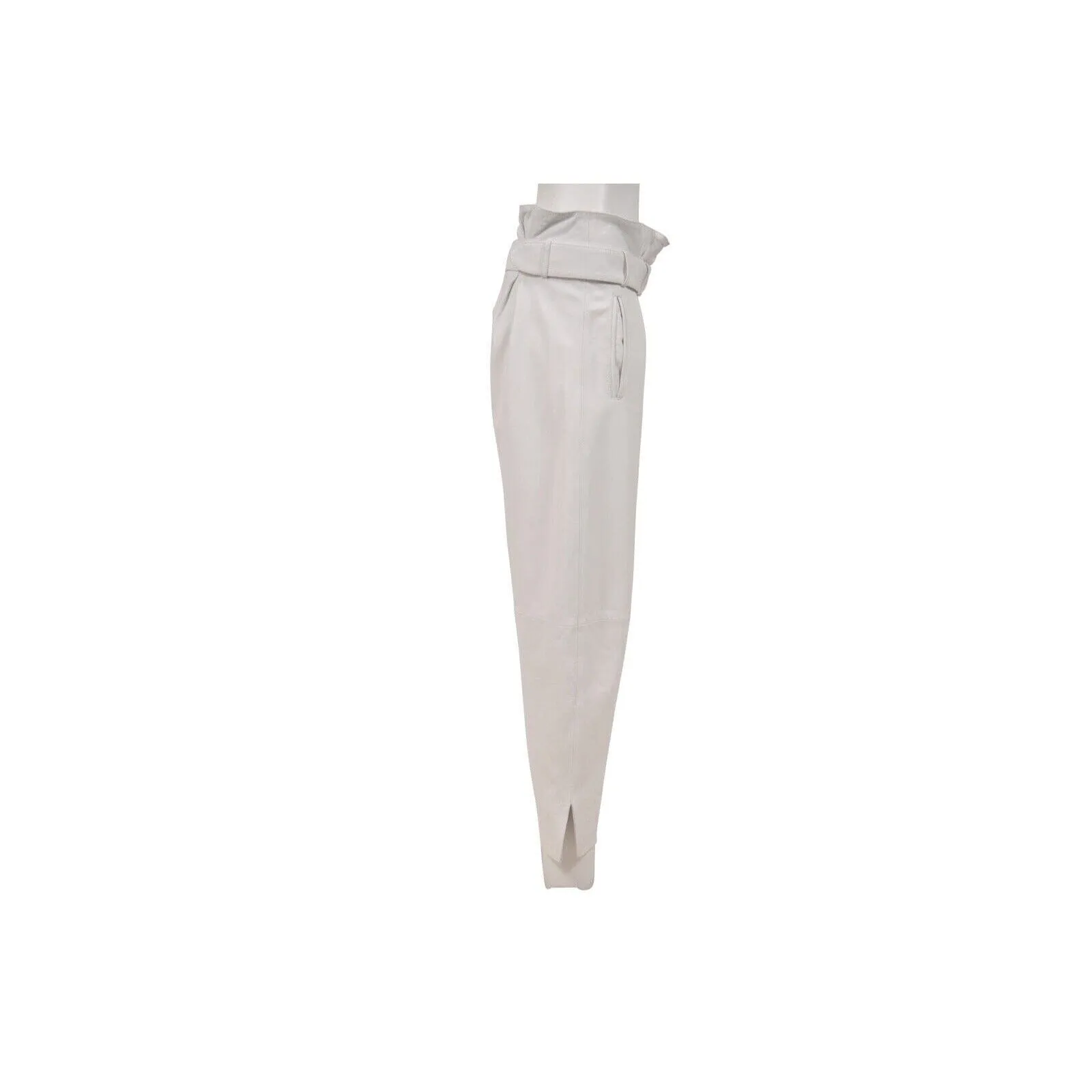 White Slit Leather Belted Trousers High Waist Pants