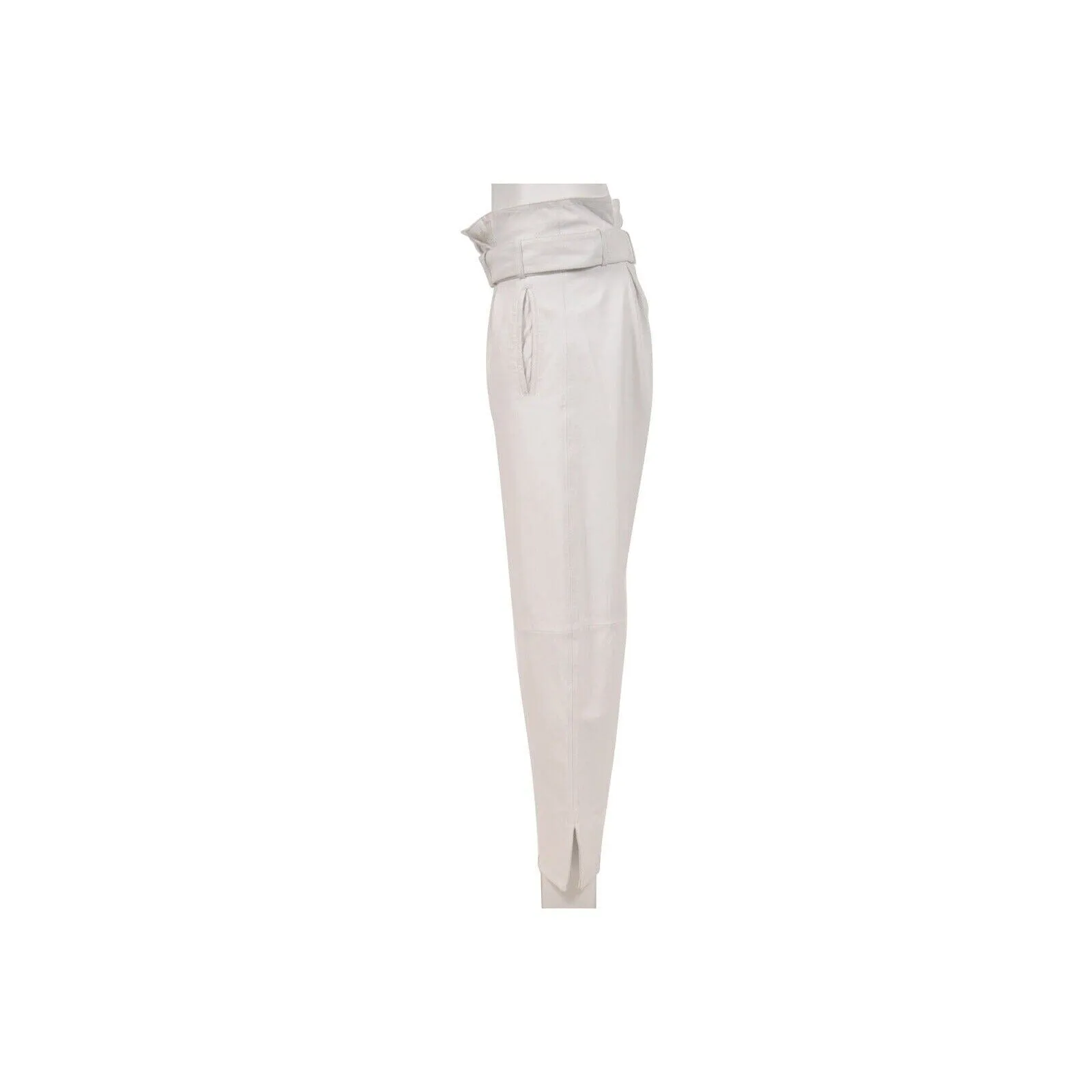 White Slit Leather Belted Trousers High Waist Pants