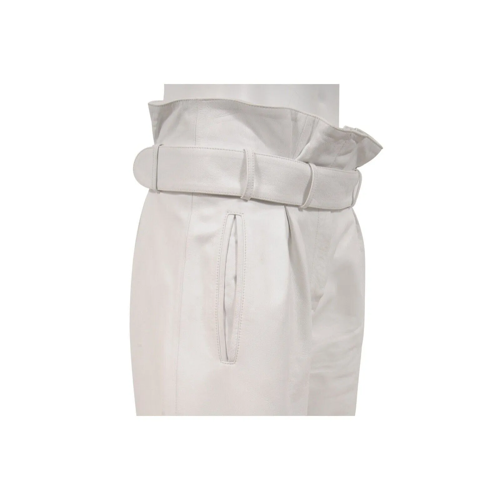 White Slit Leather Belted Trousers High Waist Pants