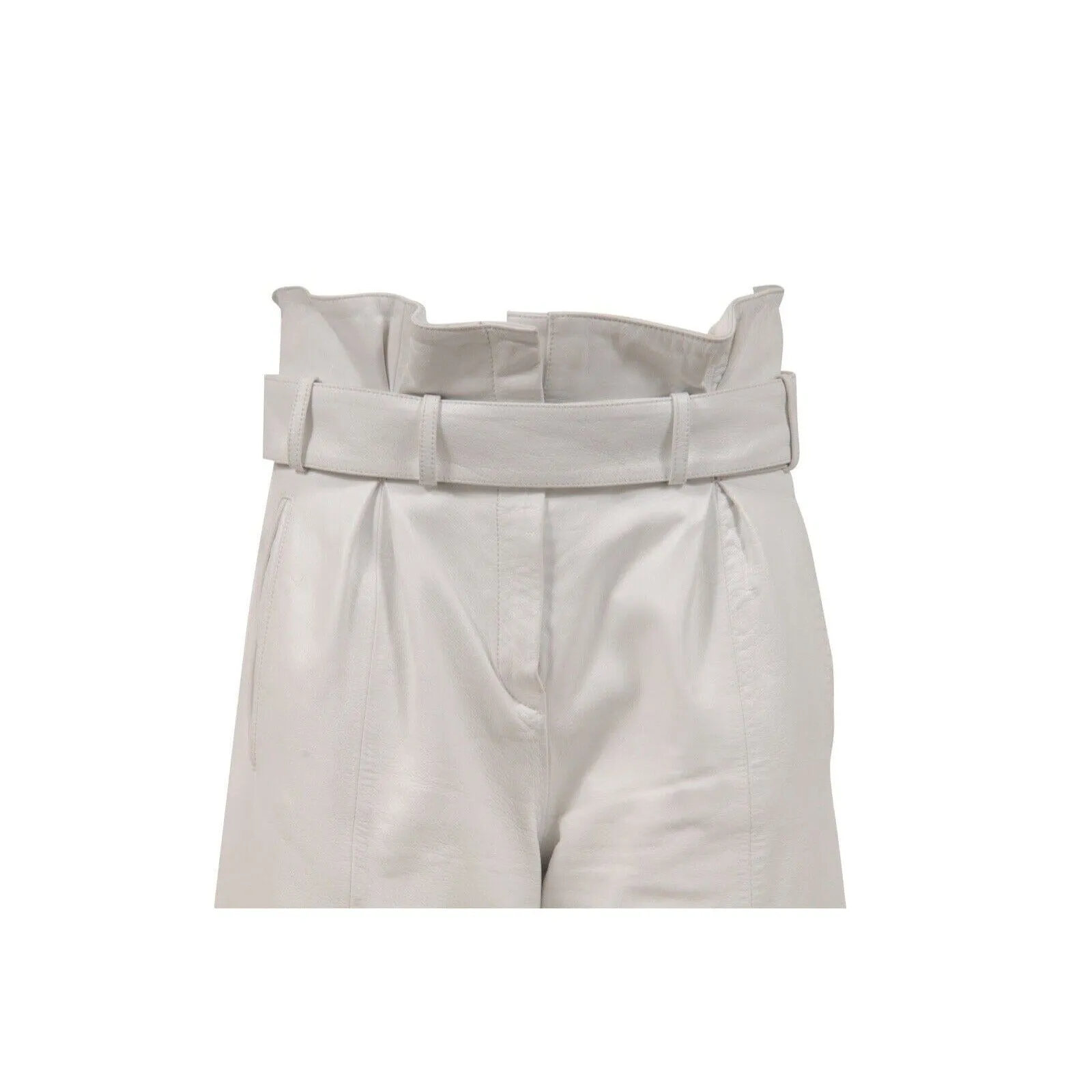 White Slit Leather Belted Trousers High Waist Pants