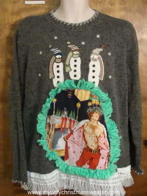 Winter Snowmen Funny Ugly Sweater with Naughty Hottie Guy