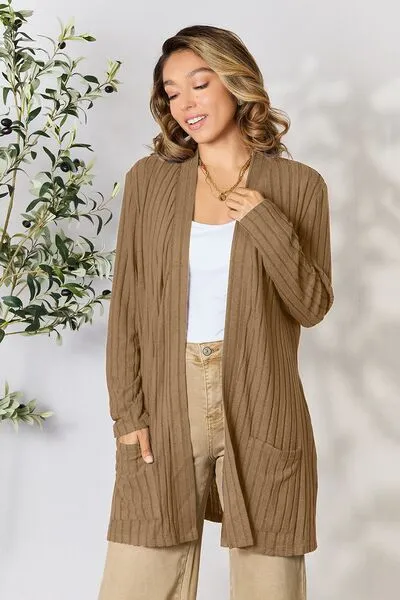 Women Basic Bae Full Size Ribbed Open Front Cardigan with Pockets