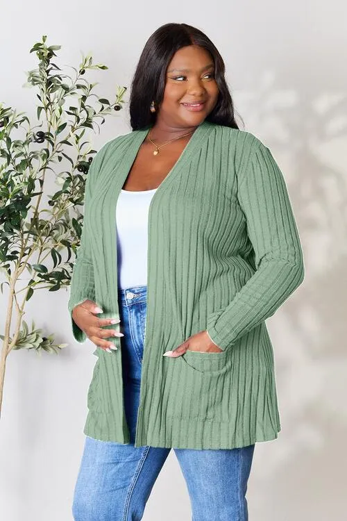 Women Basic Bae Full Size Ribbed Open Front Cardigan with Pockets