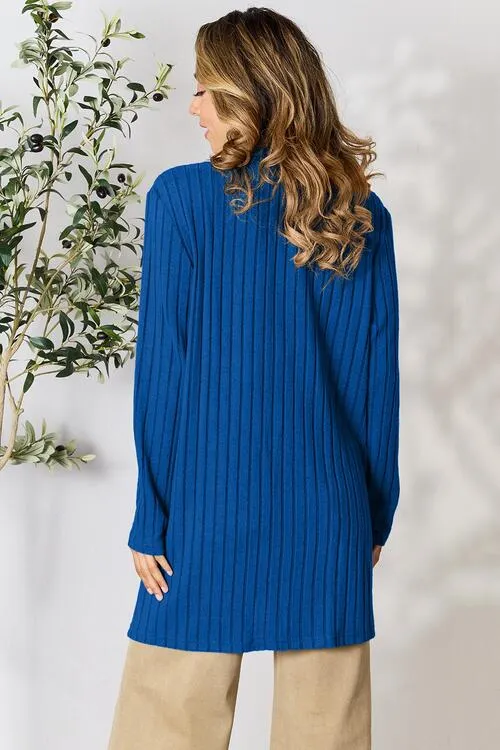 Women Basic Bae Full Size Ribbed Open Front Cardigan with Pockets