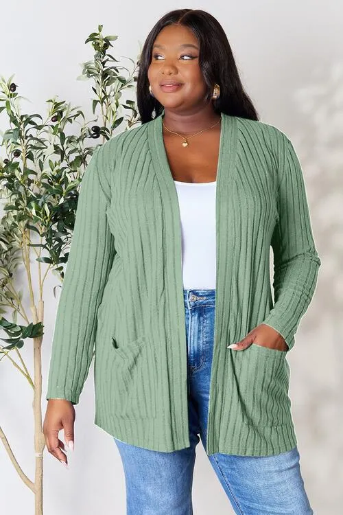 Women Basic Bae Full Size Ribbed Open Front Cardigan with Pockets