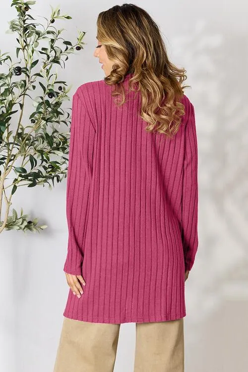Women Basic Bae Full Size Ribbed Open Front Cardigan with Pockets