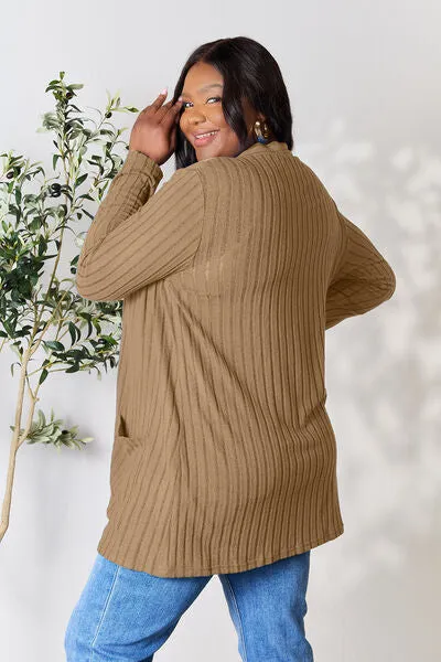 Women Basic Bae Full Size Ribbed Open Front Cardigan with Pockets