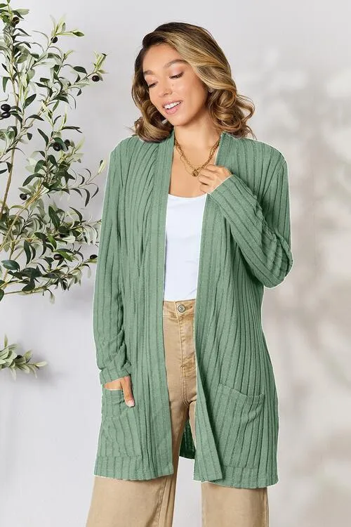Women Basic Bae Full Size Ribbed Open Front Cardigan with Pockets