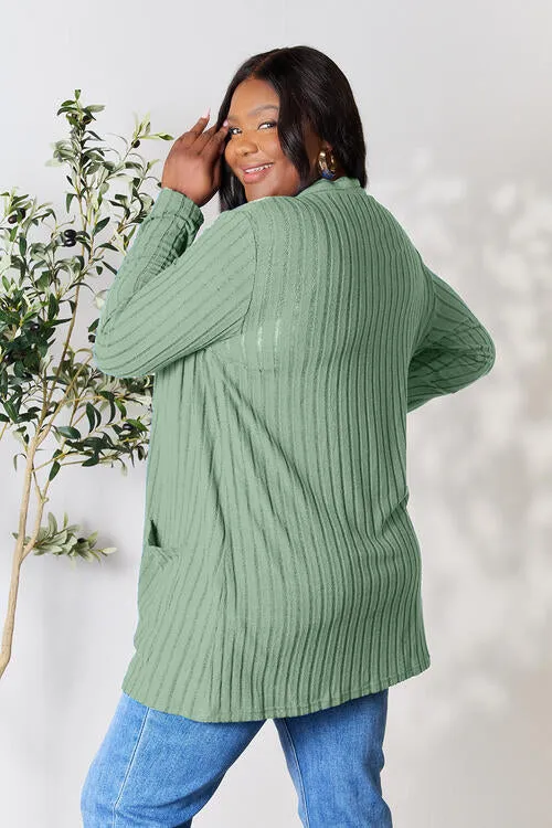 Women Basic Bae Full Size Ribbed Open Front Cardigan with Pockets
