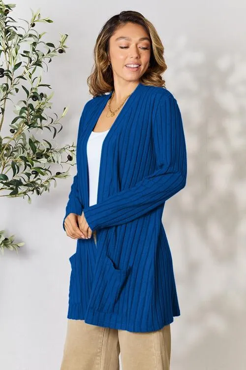 Women Basic Bae Full Size Ribbed Open Front Cardigan with Pockets
