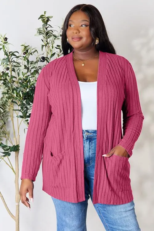 Women Basic Bae Full Size Ribbed Open Front Cardigan with Pockets