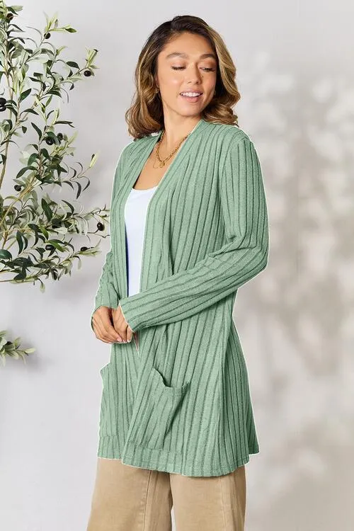 Women Basic Bae Full Size Ribbed Open Front Cardigan with Pockets