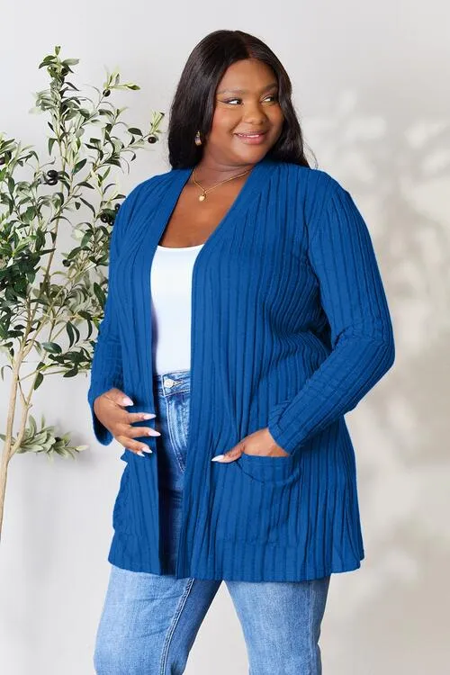 Women Basic Bae Full Size Ribbed Open Front Cardigan with Pockets