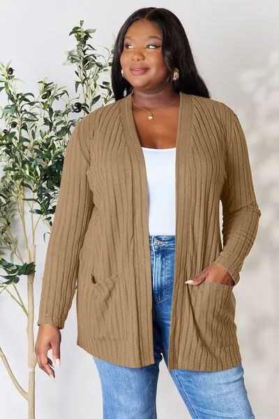 Women Basic Bae Full Size Ribbed Open Front Cardigan with Pockets