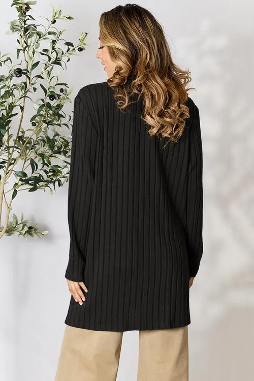 Women Basic Bae Full Size Ribbed Open Front Cardigan with Pockets