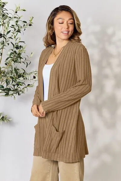 Women Basic Bae Full Size Ribbed Open Front Cardigan with Pockets