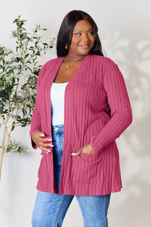 Women Basic Bae Full Size Ribbed Open Front Cardigan with Pockets