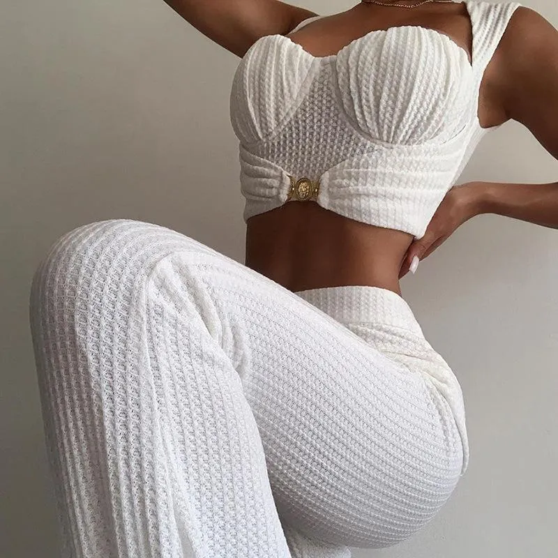 Women Buckle Tank Flare Pants Solid Corset Loose High Waist Stretchy