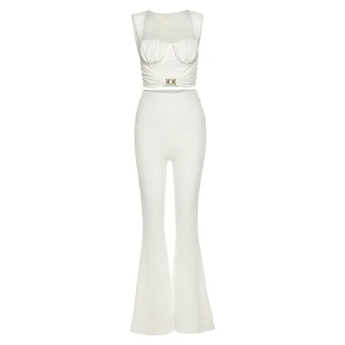 Women Buckle Tank Flare Pants Solid Corset Loose High Waist Stretchy