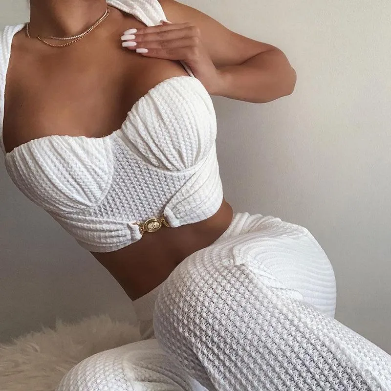 Women Buckle Tank Flare Pants Solid Corset Loose High Waist Stretchy