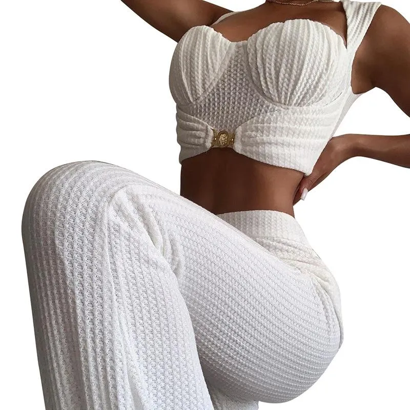 Women Buckle Tank Flare Pants Solid Corset Loose High Waist Stretchy