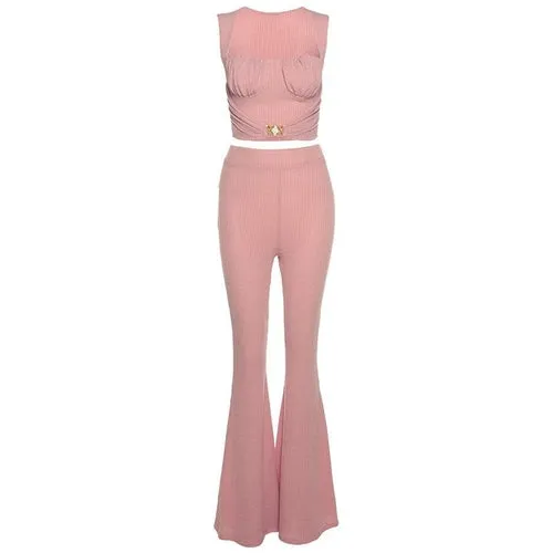 Women Buckle Tank Flare Pants Solid Corset Loose High Waist Stretchy