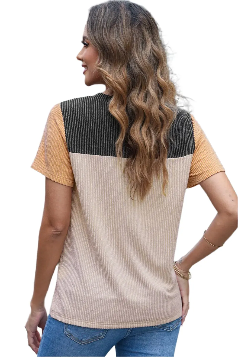 Women Color Block  Fashion Short Sleeve Crewneck Knitted Spring Summer Casual Loose T Shirt Top,Short Sleeve T-Shirt