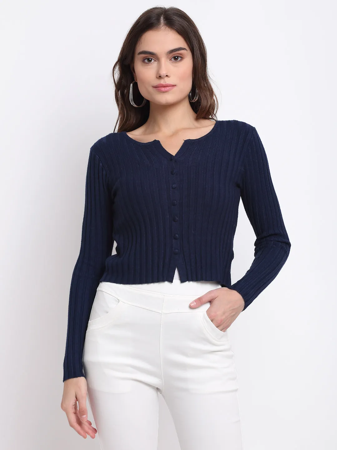 Women Navy Blue Mandarin Collar Solid KNIT Cardigan