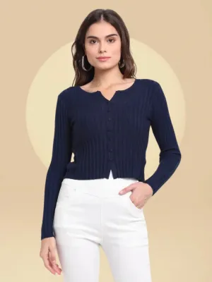 Women Navy Blue Mandarin Collar Solid KNIT Cardigan