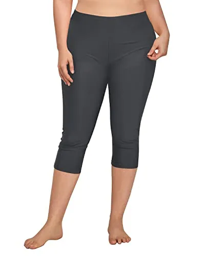 Women Plus Size Swim Capris Long Swim Shorts Tummy Control Swimming Leggings-Grey