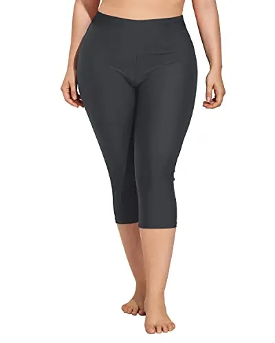Women Plus Size Swim Capris Long Swim Shorts Tummy Control Swimming Leggings-Grey