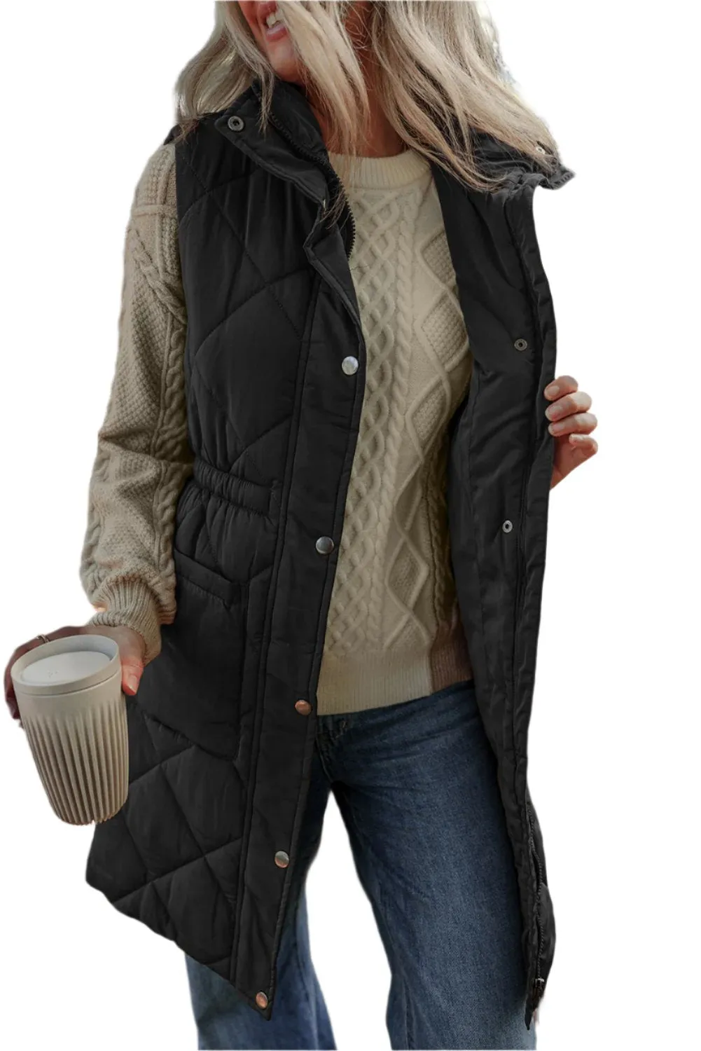 Women Pocketed Zipper and Button Vest Coat