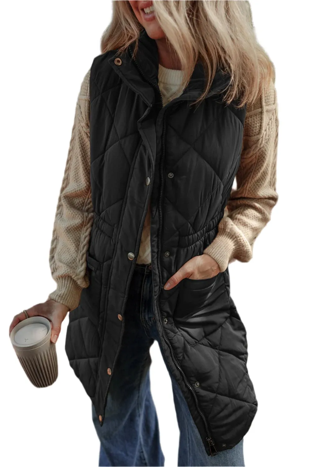 Women Pocketed Zipper and Button Vest Coat