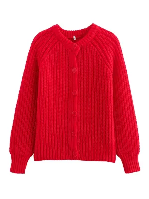 Women Red Ribbed Cardigan for Layering