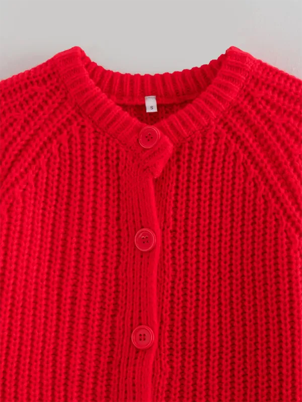 Women Red Ribbed Cardigan for Layering