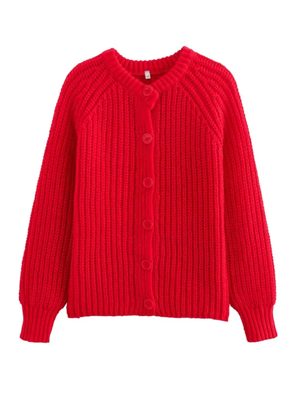 Women Red Ribbed Cardigan for Layering